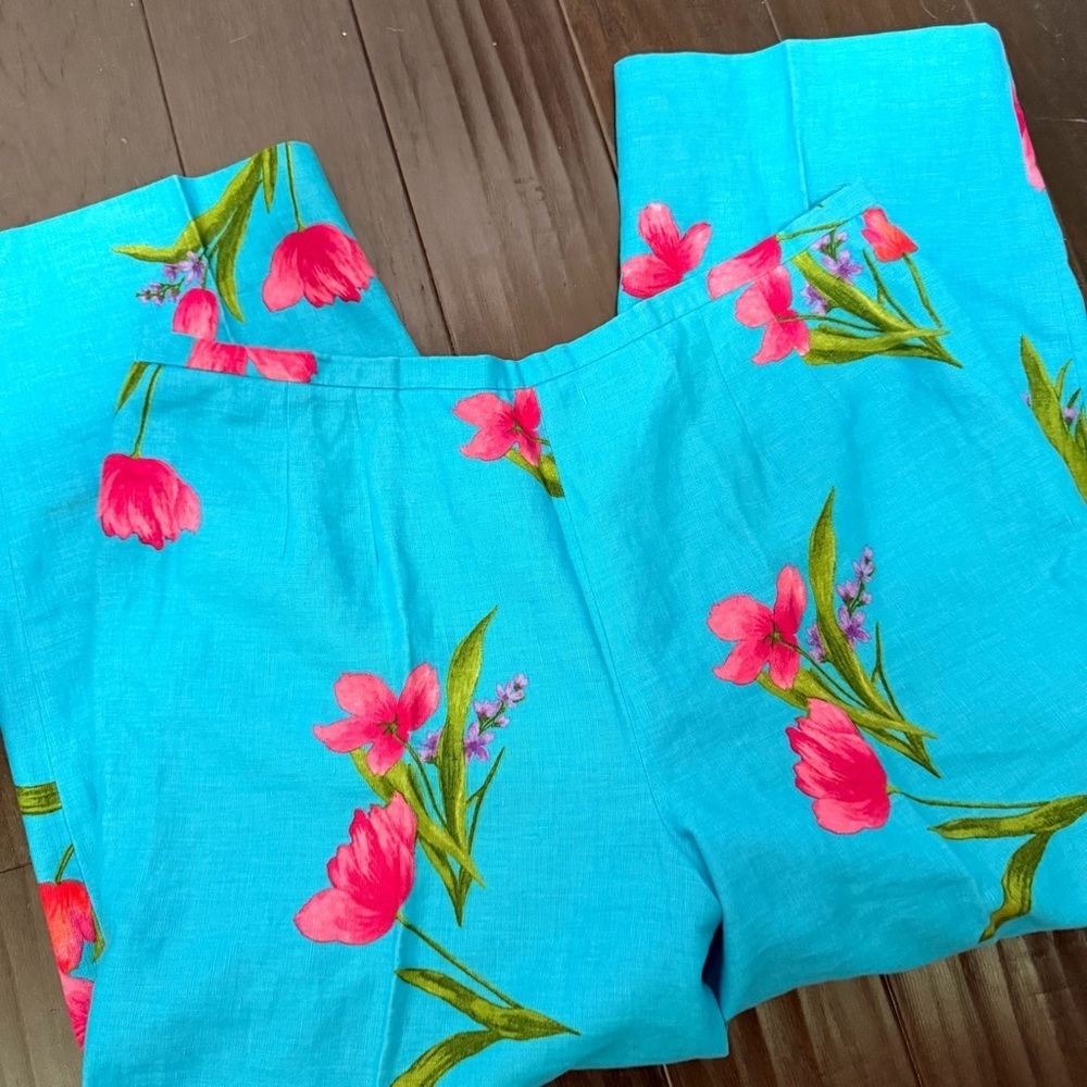 90s Vintage Talbots Linen VIBRANT Turquoise Floral Cropped Pants Sz 18